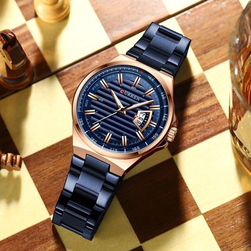 CURREN 8375 Stainless Steel Analog Watch For Men - Blue & Rose Gold