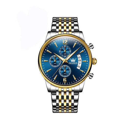Olevs 2867 Stainless Steel Chronograph Wrist Watch For Men - Silver Gold & Blue