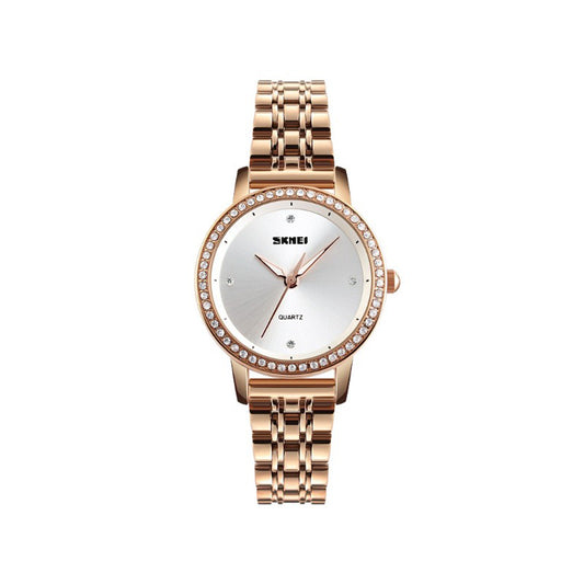 Skmei 1311 Luxury Women Stainless Steel Quartz Rhinestone Fashion Watch for Ladies- Rose Gold