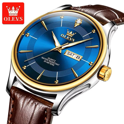 Olevs 9908 PU Leather Analog Wrist Watch For Men - Chocolate & Blue