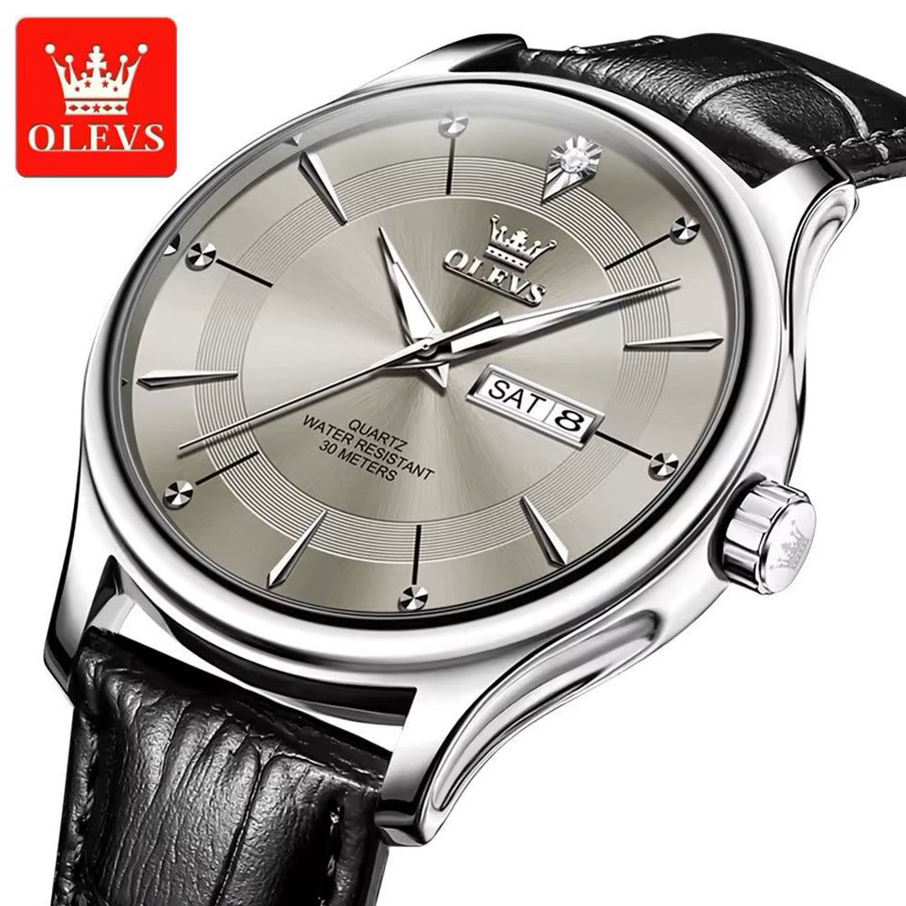 Olevs 9908 PU Leather Analog Wrist Watch For Men - Black & Silver