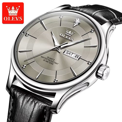 Olevs 9908 PU Leather Analog Wrist Watch For Men - Black & Silver