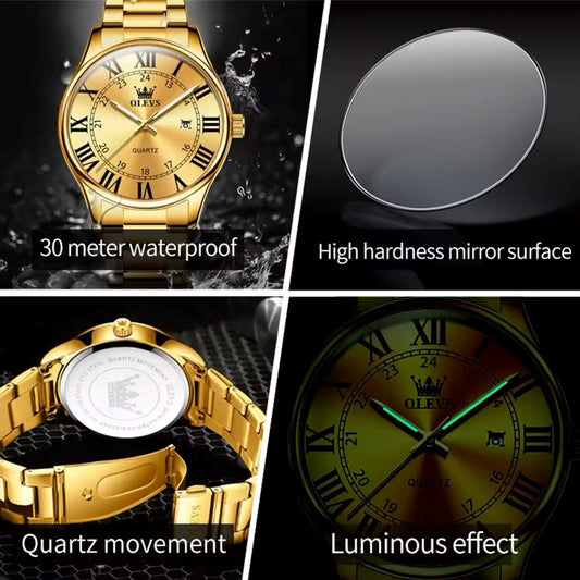 Olevs 2911 Luxury Steel Sports Watch for Men - Gold