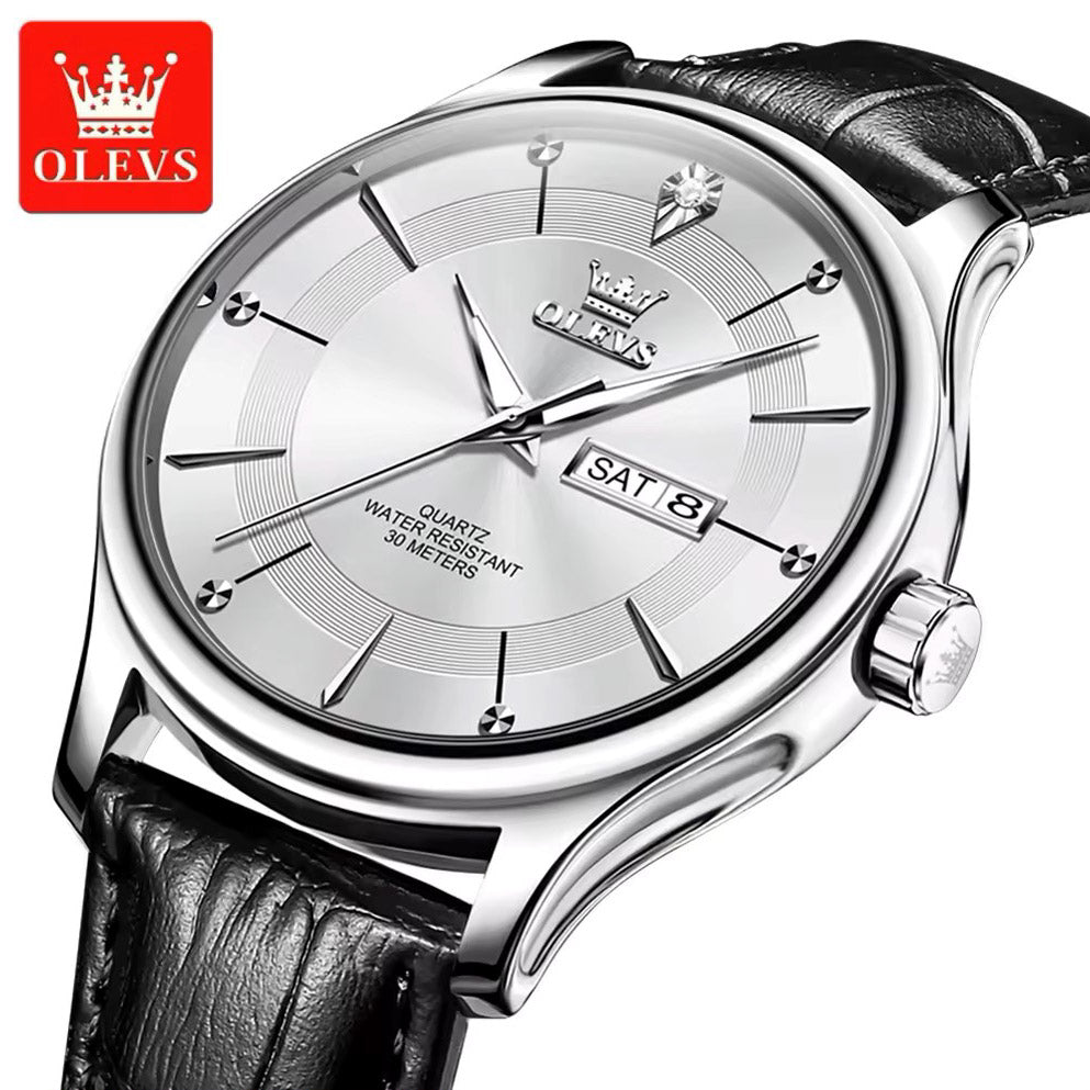Olevs 9908 PU Leather Analog Wrist Watch For Men - Black & White