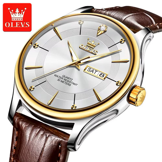 Olevs 9908 PU Leather Analog Wrist Watch For Men - Chocolate & White