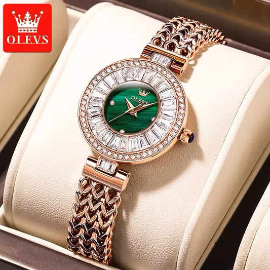 OLEVS 9959 Exclusive Design Watch for Women - Rose Gold & Green