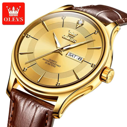 Olevs 9908 PU Leather Analog Wrist Watch For Men - Chocolate & Gold
