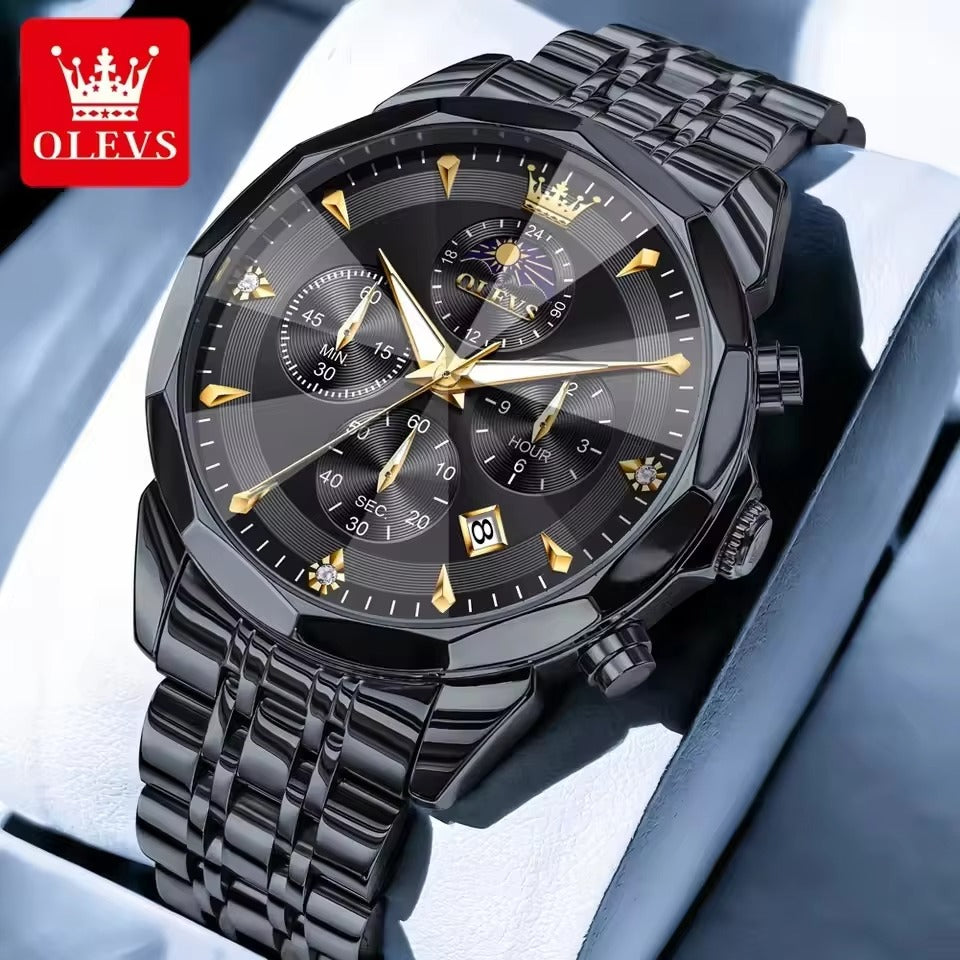 OLEVS 3673 Moon Chronograph Stainless Steel Men's Watch- Black